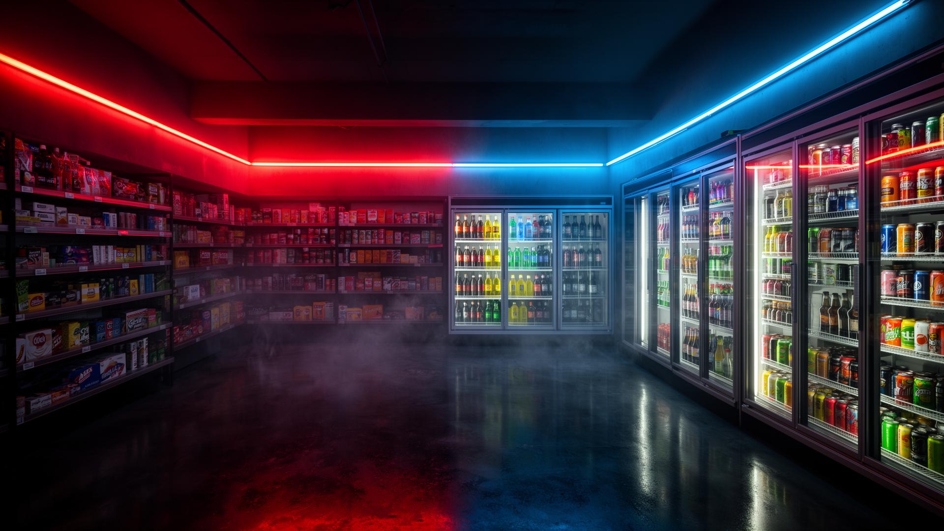 Modern neon-lit convenience store interior